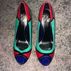 Colin Stuart Colorblock Red Green Blue Peep-Toe Heels